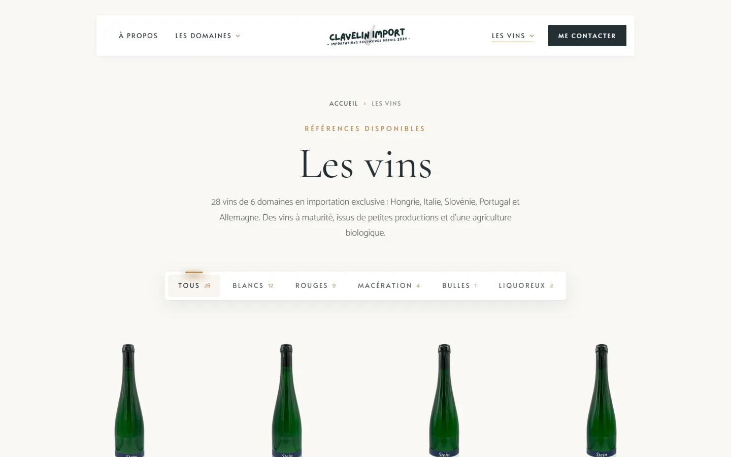 Les vins, filtrables par type