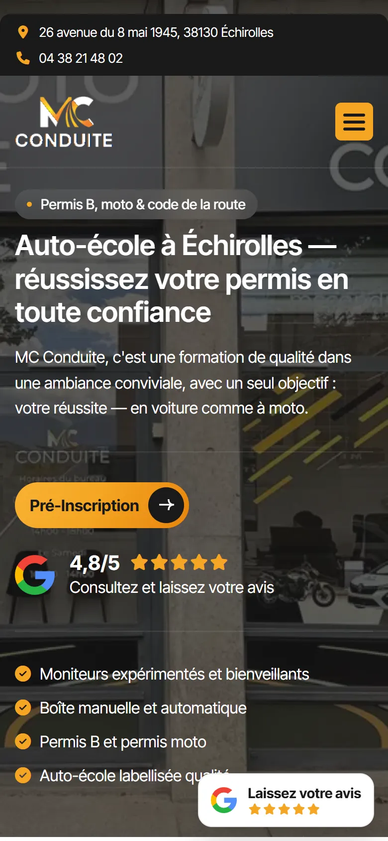 Le site MC Conduite sur téléphone